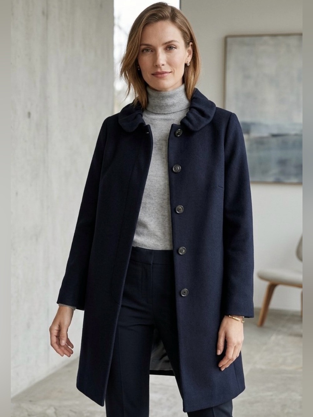 J Crew Women’s Black Single-Breasted Wool Coat Ruffle Collar
